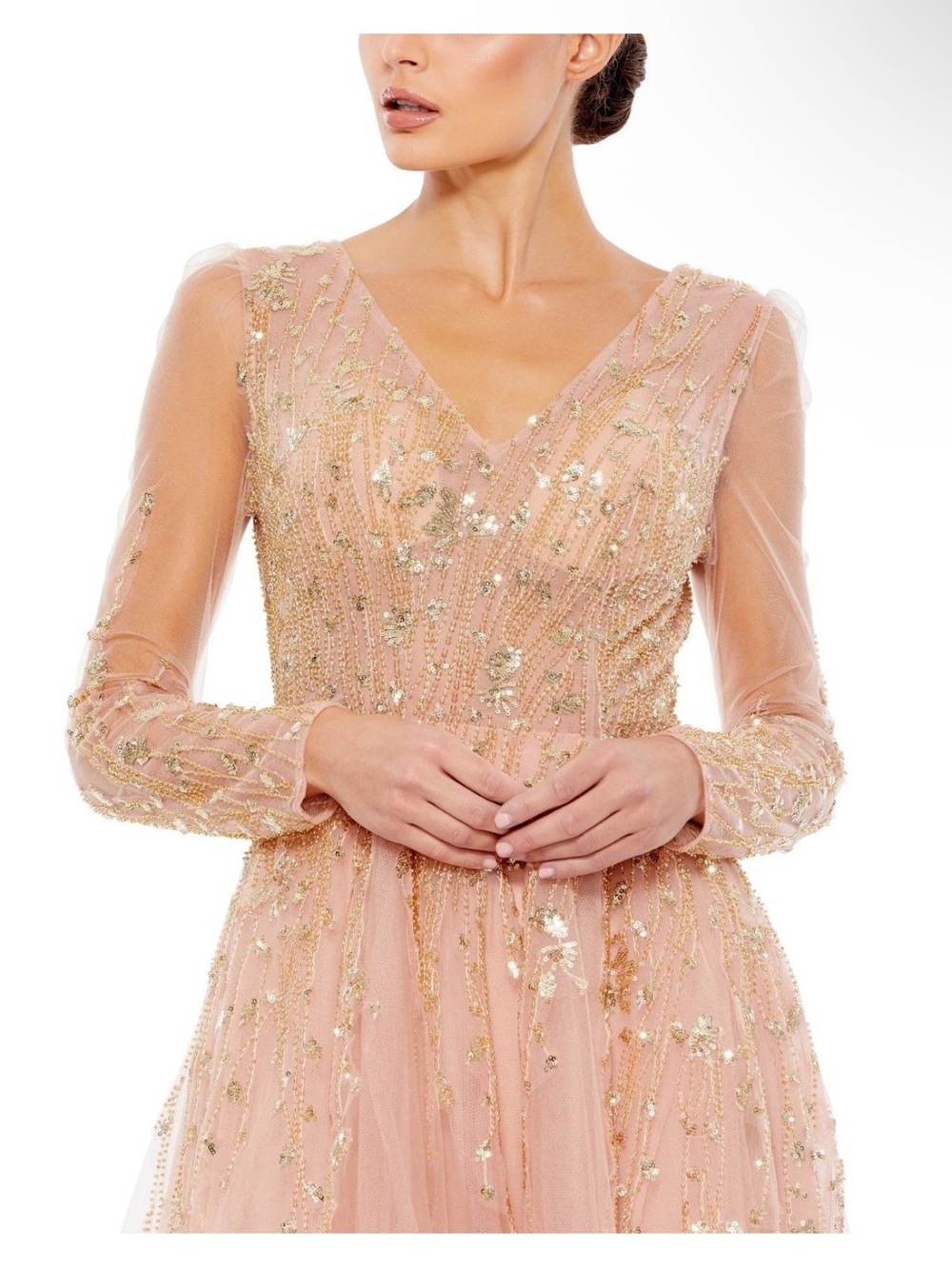 Mac Duggal Blush Pink Long Sleeve Gold Sequin Tulle Gown